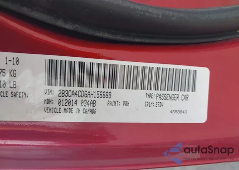 2010 Dodge Charger from USA, damaged, VIN 2B3CA4CD6AH156669